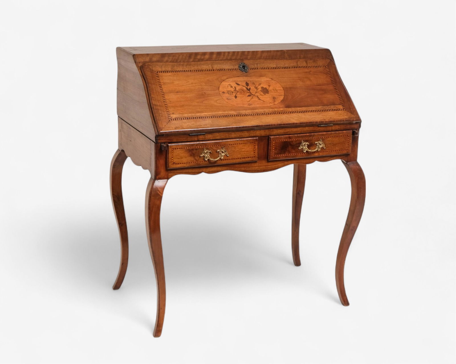 French 18th C. Inlaid Provincial Drop-Front Desk with Cabriole Legs: Keywords: No reserve, French writing desk, inlaid marquetry, 18th century style, restored antique furniture, drop-front secretary, Louis XV style, cabriole legs, classical French design, decorative