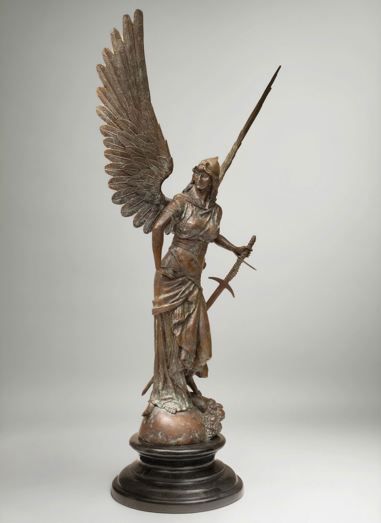 Jules Felix Coutan, Figural Bronze Sculpture Of The Goddess Of Peace: Keywords: Bronze sculpture, Goddess of Peace, Aurora, Winged victory, Jules Felix Coutan, Marble base, Helmet, Sword, 19th century, French sculpture, Figural art Summary: Bronze sculpture depicting