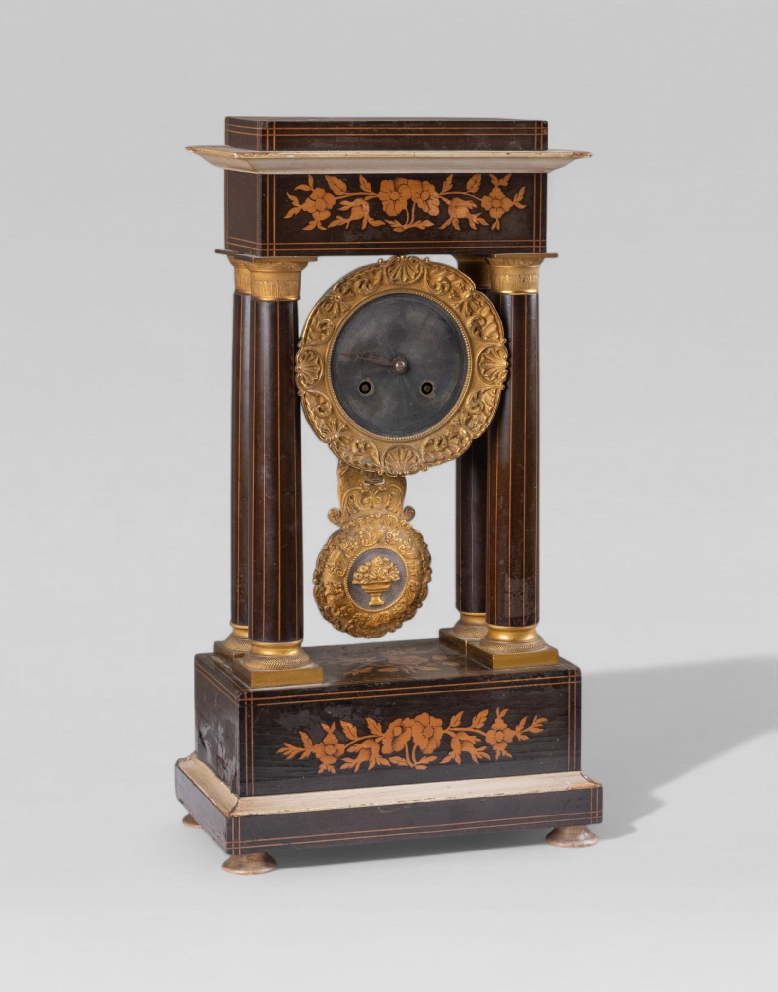 French Empire Inlaid 19th Century Mantle Clock: Keywords: No reserve, Fluted Columns, Bronze Mountings, Inlaid Rosewood, Empire Style, Antique Timepiece, Vintage Mantle Clock, French Clock, Silver Face, with pendulum and key Summary: A fine French