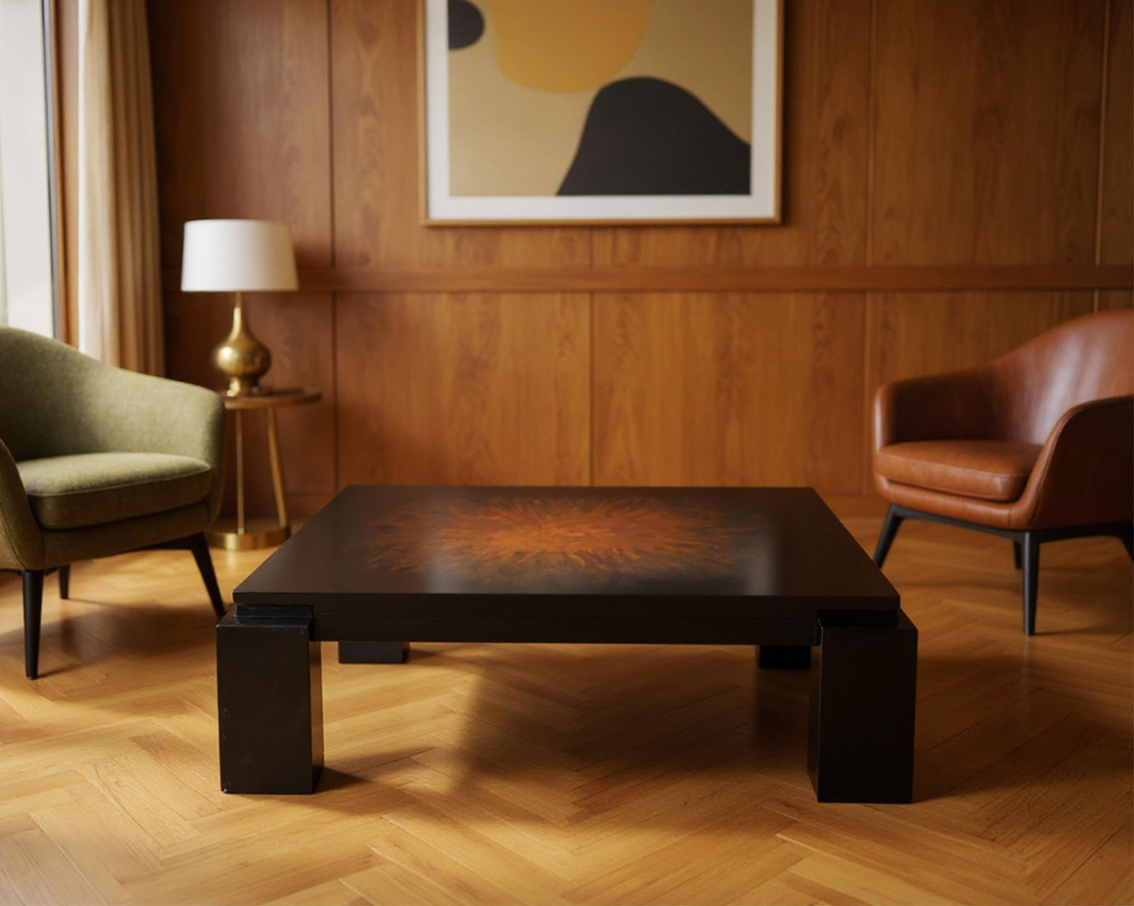 Maison Charles Lacquer Sunburst Pattern Coffee Table, Mid Century: Keywords: Modernist Design, Black Lacquered Base, French Modernism, Geometric Design, Vintage Coffee Table, Maison Charles Style, Interior Decor Summary: Mid-century Maison Charles lacquer sunburst