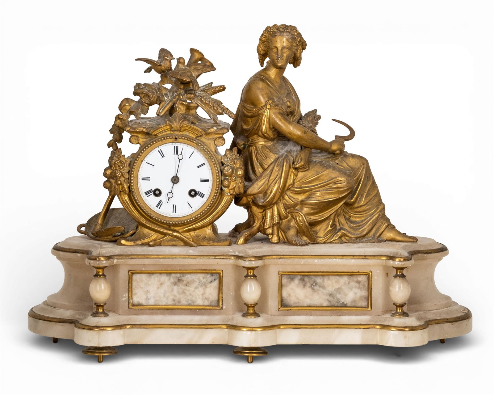 French Bronze and Marble Clock 19th Century with Allegorical Sculpture: Keywords: No reserve, French Romanticism, Neoclassical Revival, Mantel Clock, 19th century table Clock, Horology, Early 20th Century, Marble Base, Allegorical Scene, Louis XVl Style Summary: 19th