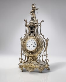 French Bronze Tall Mantel Clock Lyre Form Surmounted by Cupid Figure, 19th Century