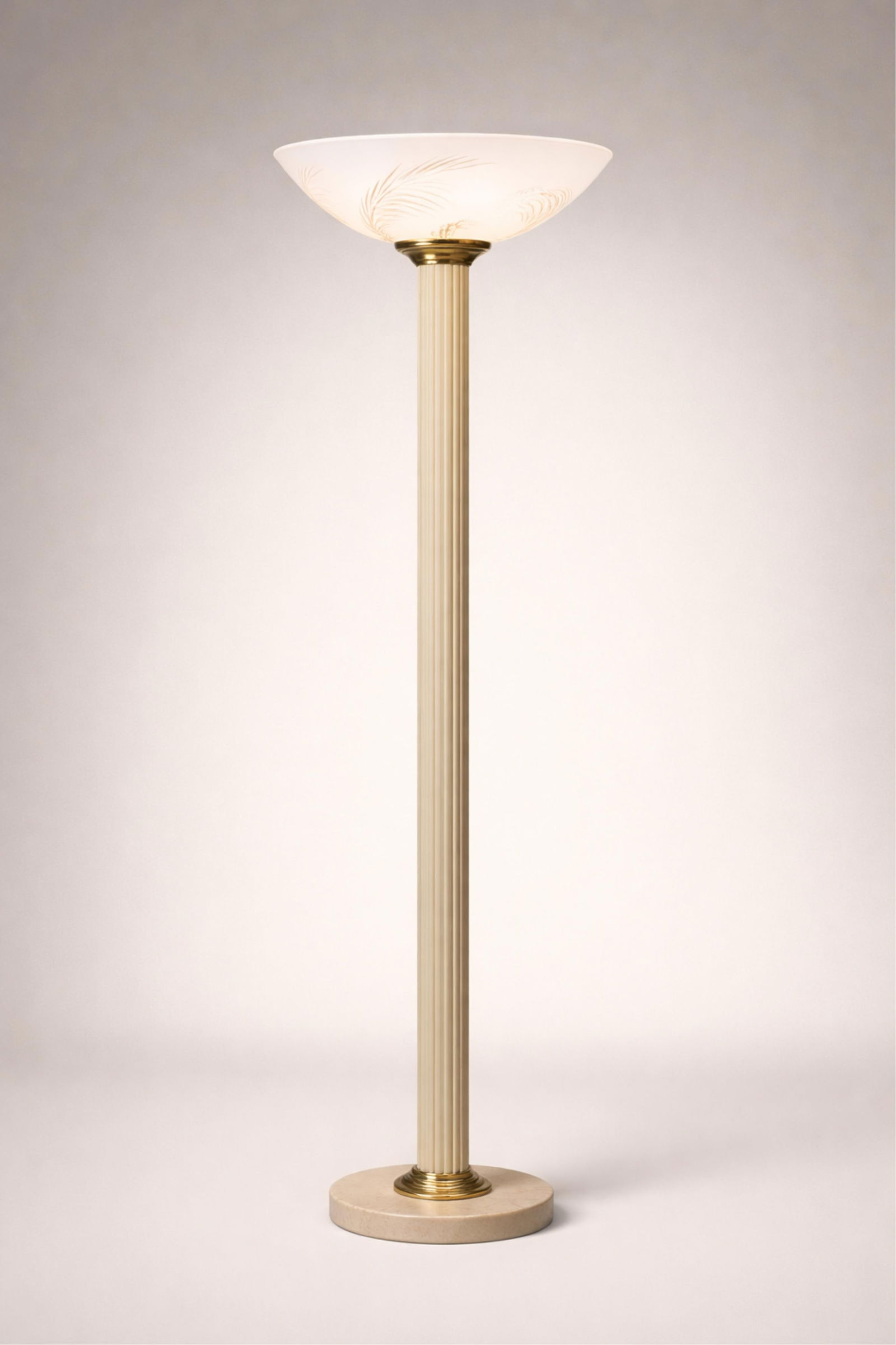Modernist Floor Lamp With Fluted Column and Etched Art Glass Shade, 1940's: Keywords: Neoclassical Revival, Art Deco Influence, Mid-Century Modern, Hollywood Regency, 20th Century Design, Classical Modernism, Eileen Gray style, Jacques Adnet style, Gio Ponti style, Brass,