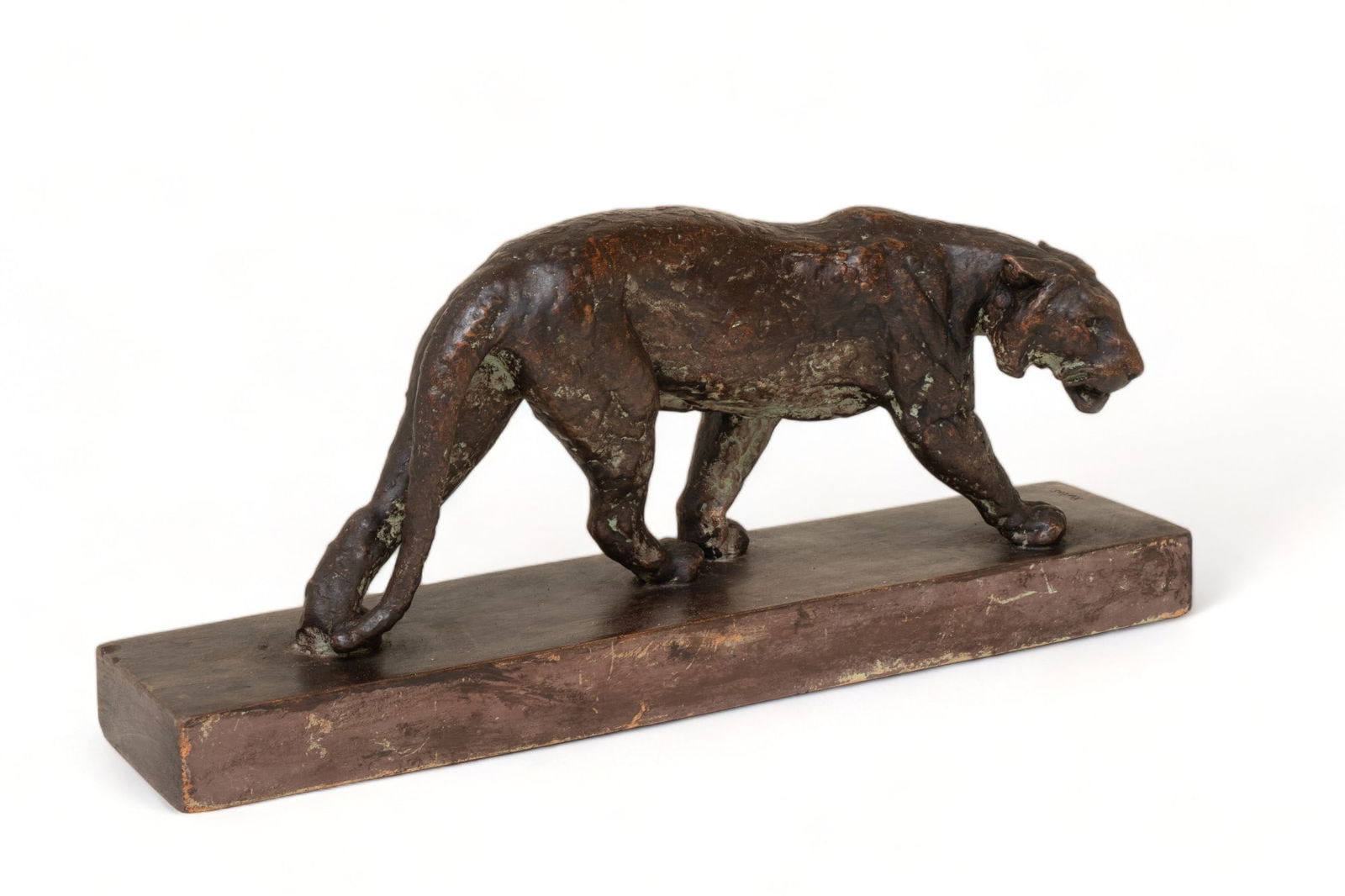 Signed Rulas Art Deco Terracotta Sculpture Of Panther, Circa 1930: Keywords: Elegant Animal Form, Art Deco, Figurative, Streamlined Design, Terracotta Craftsmanship, Simplicity, French Art Deco, panther, cat, sculpture, fine art Summary: Signed Rulas Art Deco
