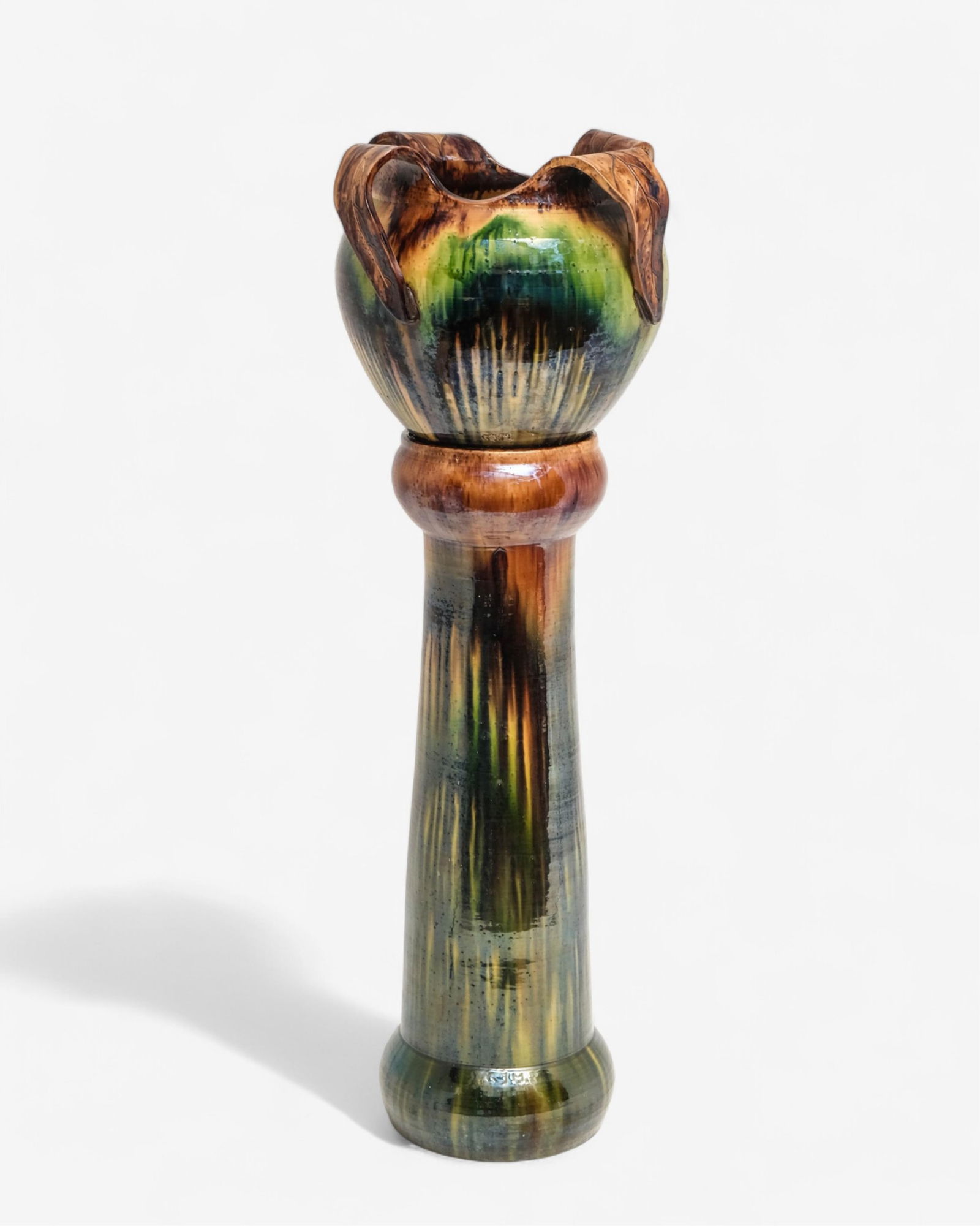 Gilbert Monteyne Signed Art Nouveau Polychrome Pottery Planter with Flared Rim on Pedestal, Early: Keywords: No reserve, Gilbert Monteyne, Belgium, Flemish pottery, Art Nouveau, signed ceramic, polychrome glaze, flared rim, pedestal planter, jardinière, decorative arts, early 20th century, antique