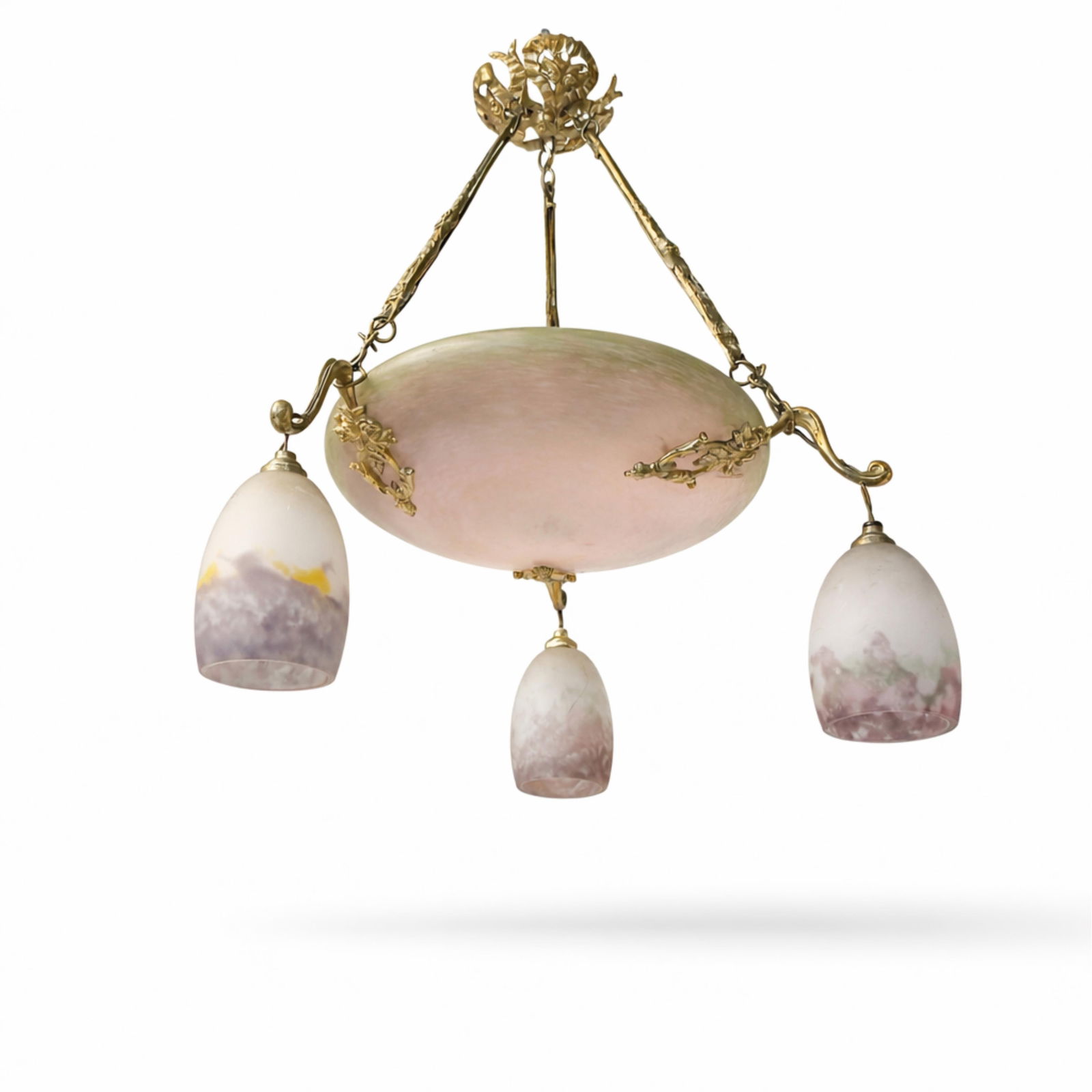 Muller Freres, Luneville and Charles Schneider, Art Nouveau Art Glass Chandelier, Circa 1900's: Keywords: No reserve, French Art Glass, Art Nouveau Lighting, Muller Brothers, Luneville Charles Schneider, Bronze and Marbled Glass Chandelier, Art Deco, period lighting fixture Summary: MULLER