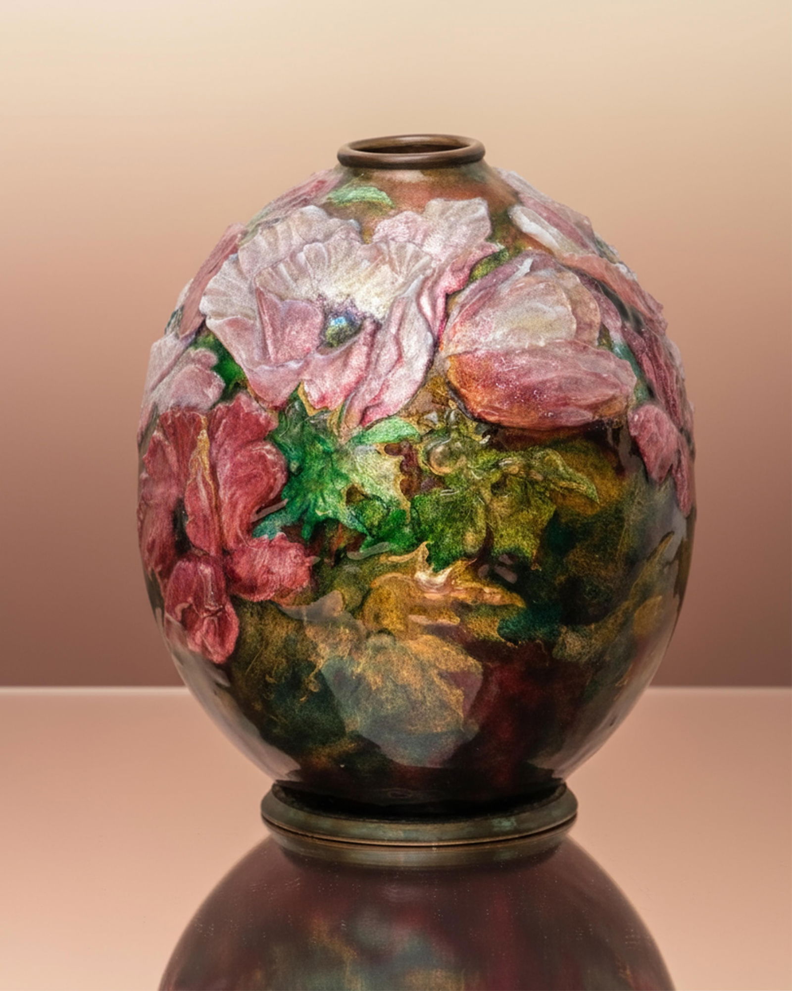 Camille Fauré Signed, Enamelled Copper Vase with Poppies (1 of 8)