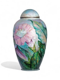 Camille Fauré, Rare Large Raised Enamel on Copper Iris Lidded Vase, Signed, Circa 1930