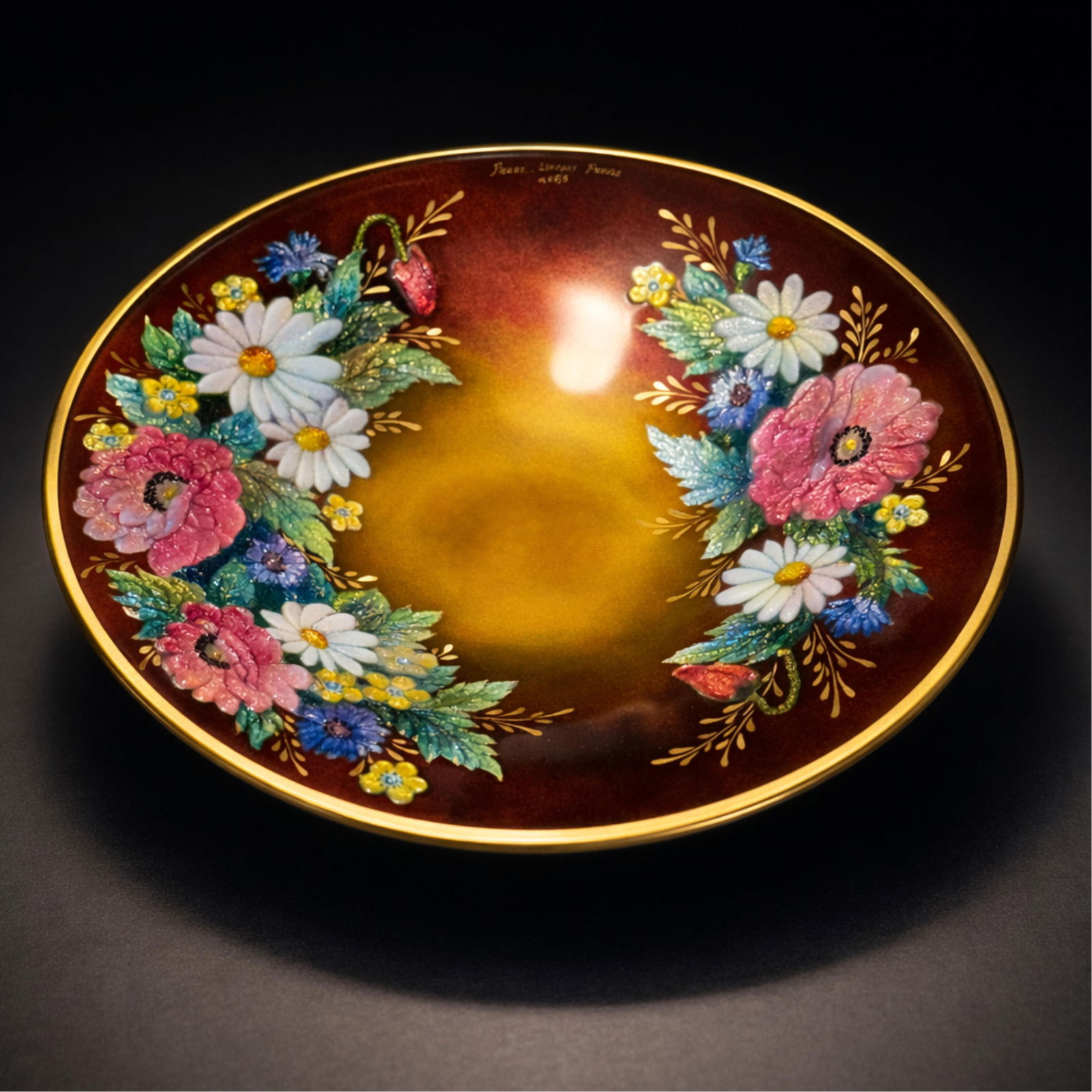 Camille Faure Limoges Hand Painted Enamel on Copper Plate, Signed: Keywords: Art Deco, Belle Époque, French decorative arts tradition, botanical still life, signed studio production, salon presentation pieces, cloisonné-style technique, luxury European interiorsSum