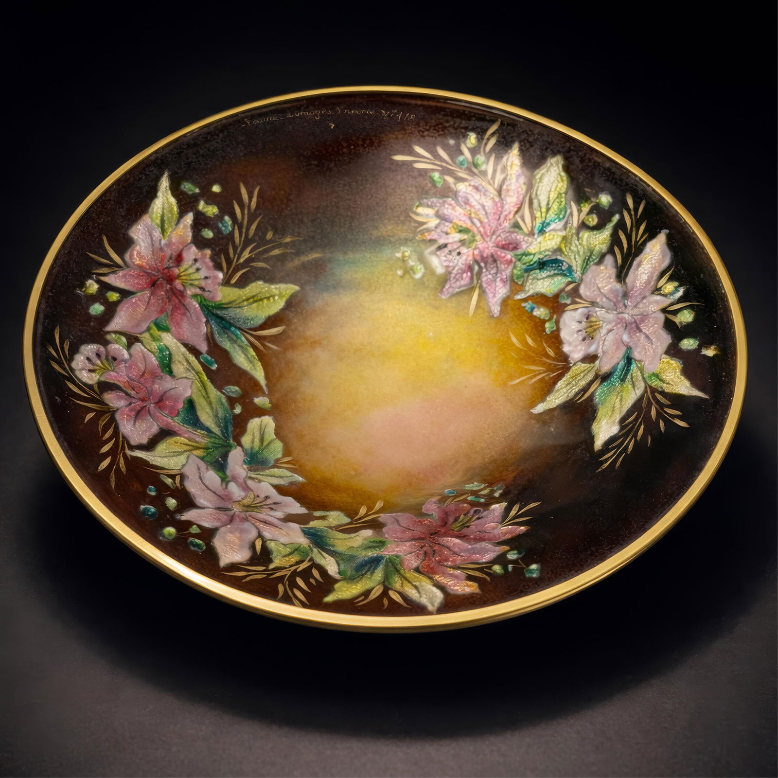 Camille Faure Limoges Hand Painted Enamel on Copper Plate, Signed: Keywords: Art Deco, Belle Époque, French decorative arts tradition, botanical still life, signed studio production, salon presentation pieces, cloisonné-style technique, luxury European interiorsSum