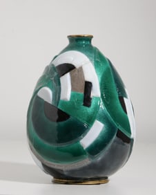 Camille Fauré Important Art Deco Vase Sculpted Relief Enamel Over Copper, Limoges, Signed, Circa