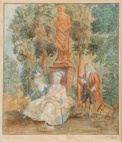 Jean François Janinet, Watercolor “Conversation in a Garden," Signed, Late 18th Century