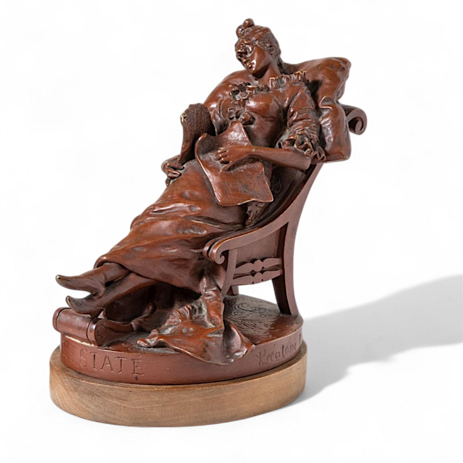 Luigi Preatoni, Signed "L'Estate" Roma Bronze Sculpture, 1880: Keywords: Antique Bronze, Luigi Preatoni, Fine Art, Sculpture, 19th Century, Italian Art, Roma artwork, reclining woman figure, vintage bronze statueSummary:Luigi Preatoni, Bronze sculpture titled "L'