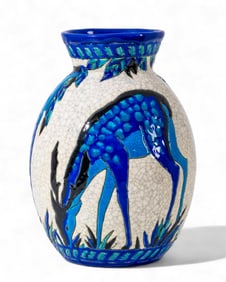 Charles Catteau For Boch Keramis Art Deco Cobalt Blue Deer Vase, Circa 1930