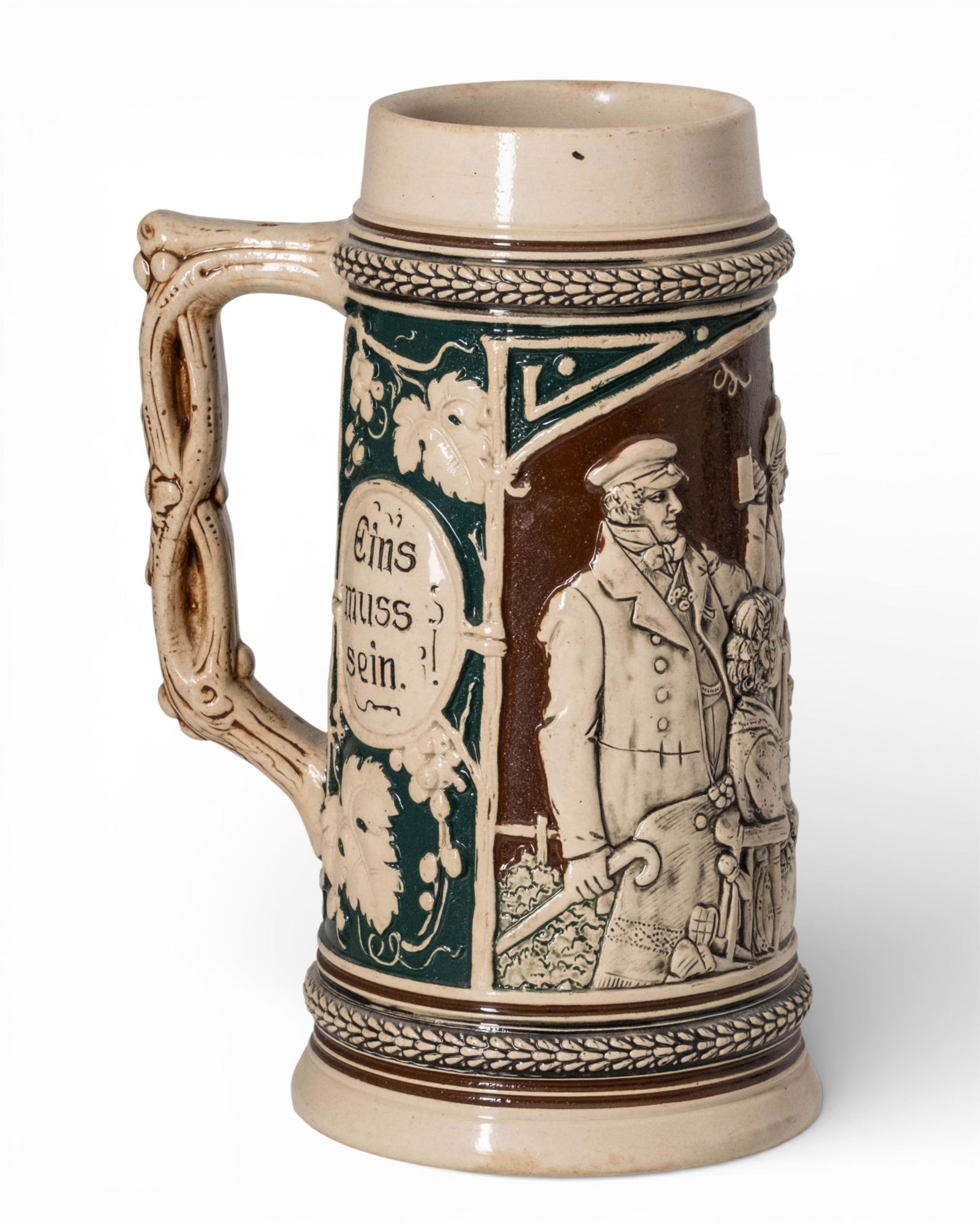 German Relief-Molded Stoneware Beer Stein, “Eins Muss Sein (1 of 10)