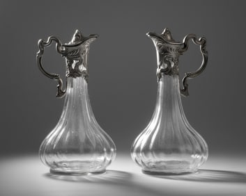 Pair of Austrian Art Nouveau Ribbed Crystal Ewers with Pewter Mounts, Circa 1900