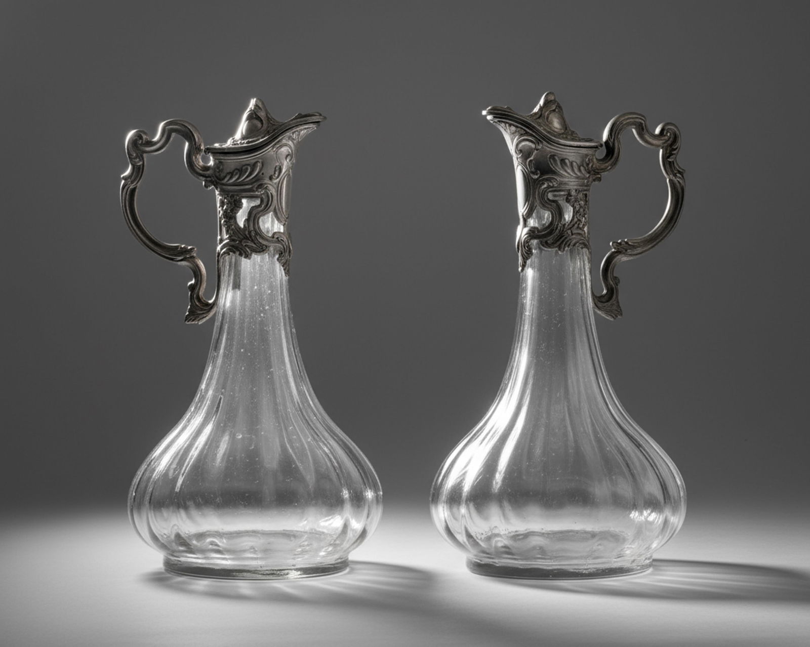 Pair of Austrian Art Nouveau Ribbed Crystal Ewers with Pewter Mounts, Circa 1900 (1 of 8)