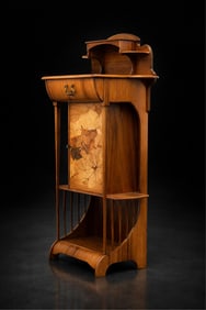 Louis Majorelle, Art Nouveau Carved Walnut Tall Cabinet with Inlaid Bird Panel, Nancy, Late 19th