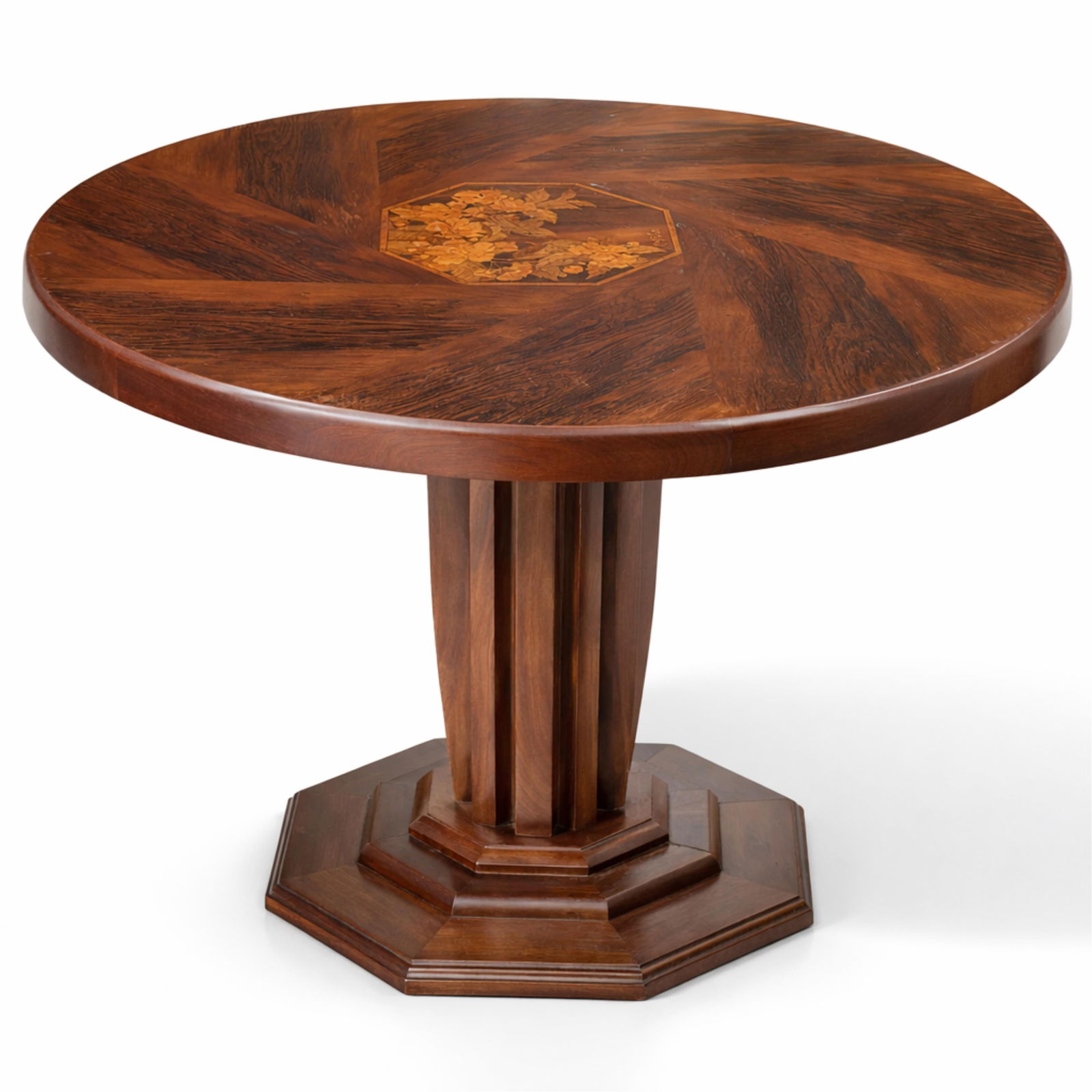 Galle signed Art Nouveau Deco Pedestal Table with Marquetry Wood Veneers, circa 1920: Keywords: Jugendstil Movement, Early Art Deco, Organic Modernism, Early 20th Century, Interwar Period, Nature-Inspired Design, Dining Table, Salon Table, Center TableSummary:GALLE (1904–1936) Charmi