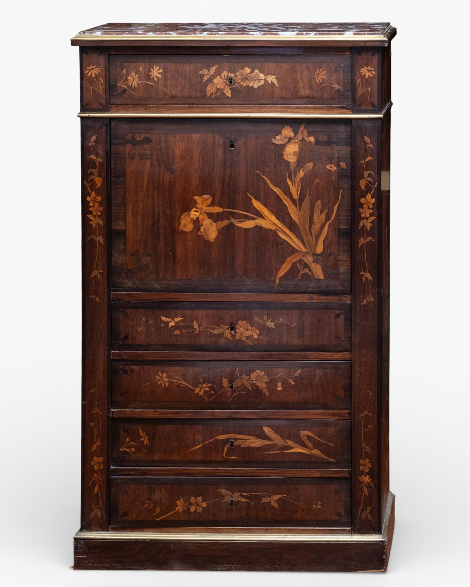 Galle style Art Nouveau Floral Inlaid Drop Front Desk Marble Top, Circa 1900 (1 of 8)