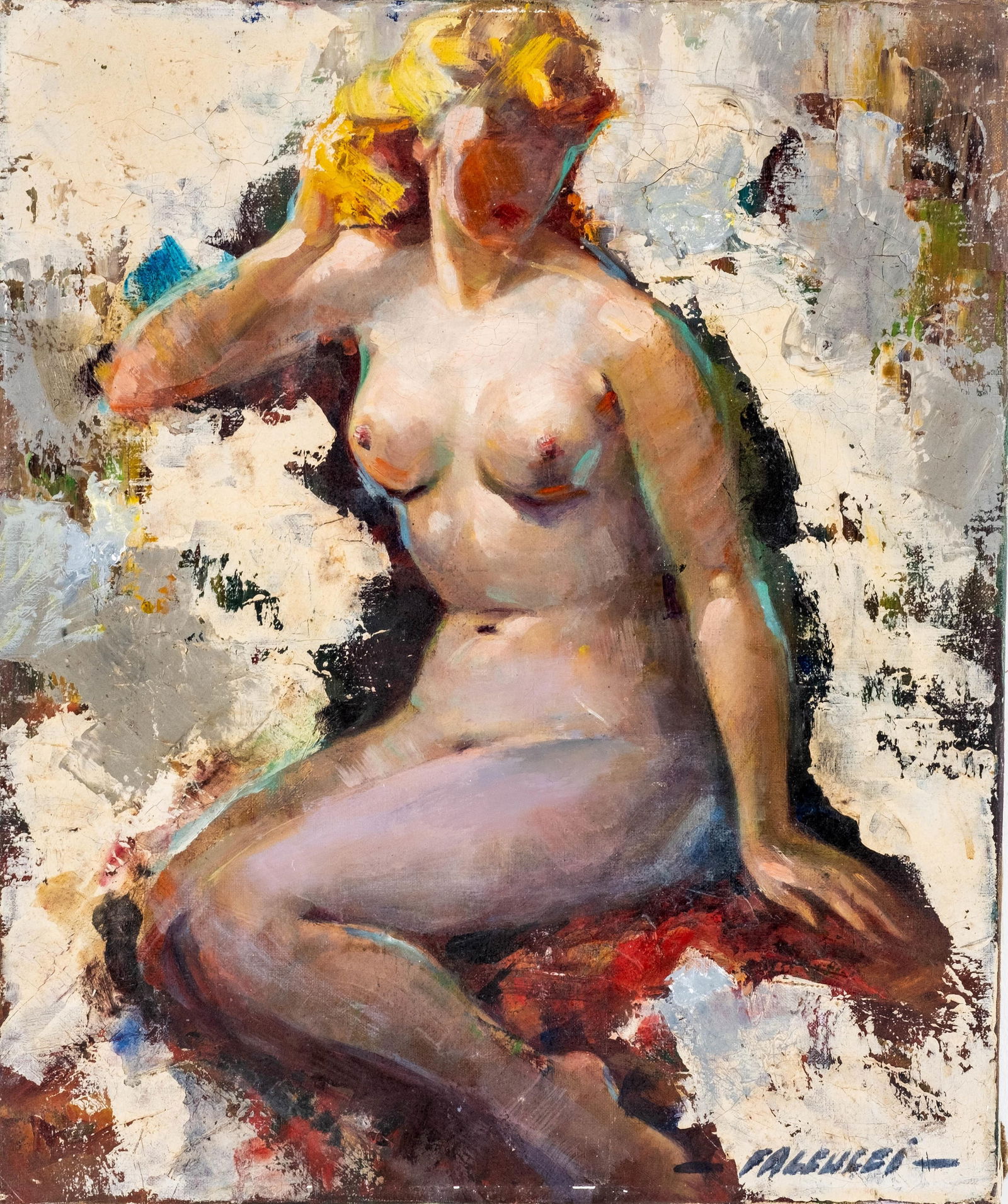 Robert Falcucci Signed Oil on Canvas Painting depicting a female figure, mid century modernist: Keywords: Modernist figurative painting, Mid Century Modern art, Post-Impressionist influence, Expressionist nude study, 20th Century European school, Avant-garde modernism, Henri Matisse style, Andr�