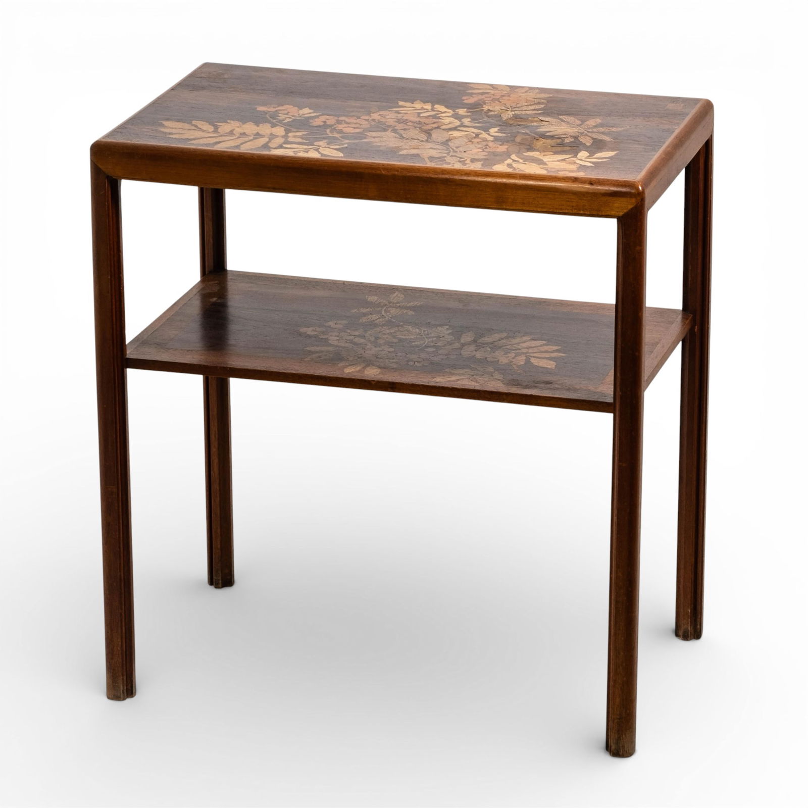 Emile Galle Signed Fruitwood Inlaid Table With Two Tops and Inlays of Plant Decoration (1 of 8)