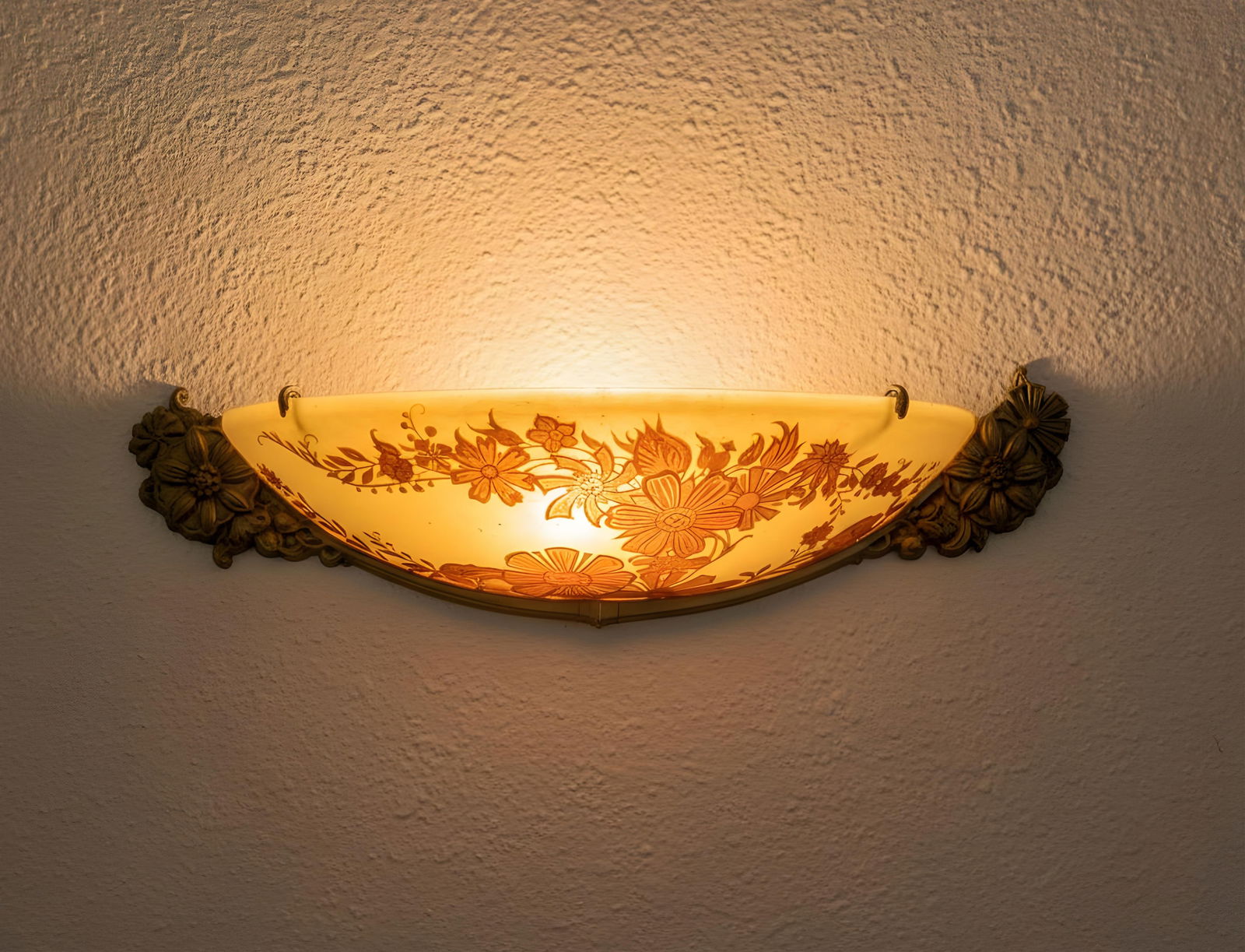 Emile Galle, "Stylized Flowers" Signed Double-Layer Acid-Etched Cameo Glass Wall Light, Circa 1905: Keywords: École de Nancy, French wall light, double-layer cameo, acid-etched décor, stylized floral motif, c.1900 France, Nancy glass, period lighting, demi-lune bowl shade, decorative arts, Daum /