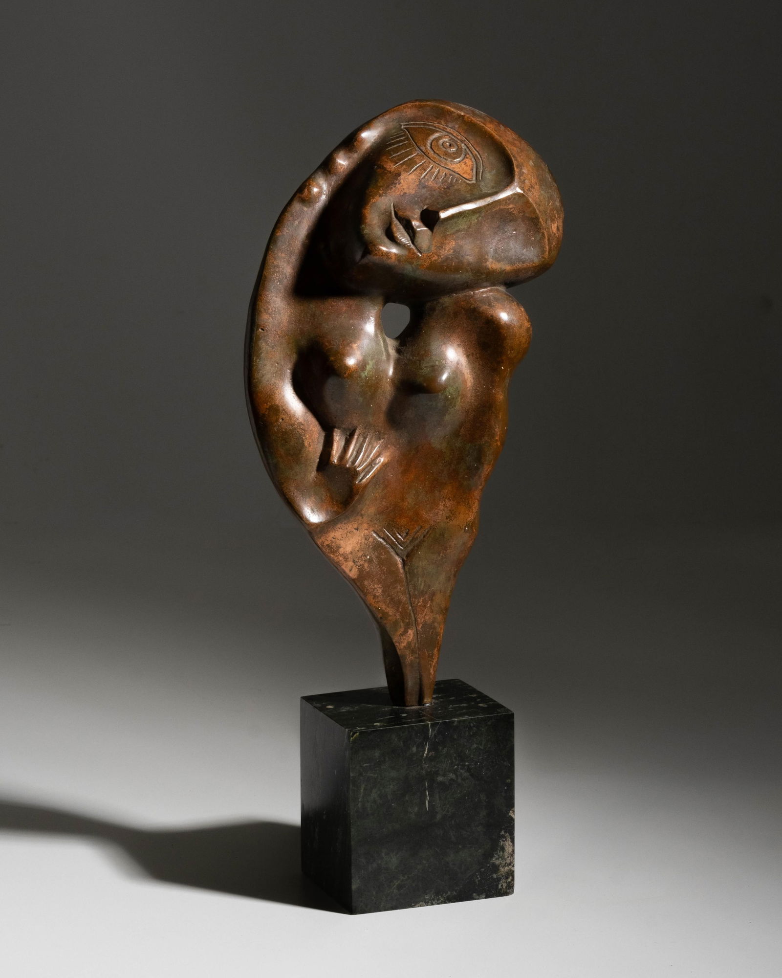 French School, Signed Modernist Bronze Figure Sculpture, c. 1940, On Marble Base: Keyword: No reserve, nude, surrealist influence, patinated bronze, monogram signature, marble plinth, European mid-century, studio cast, abstract figuration, tabletop sculpturePatinated bronze of a st