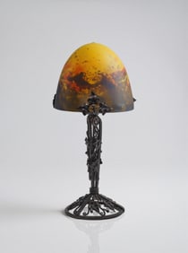 Muller Freres, Luneville Signed Glass Table Lamp on Wrought Iron Base,1925
