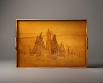 Emile Gallé, Blond Fruitwood Marquetry Tray with Sailboat Decor, Circa 1900