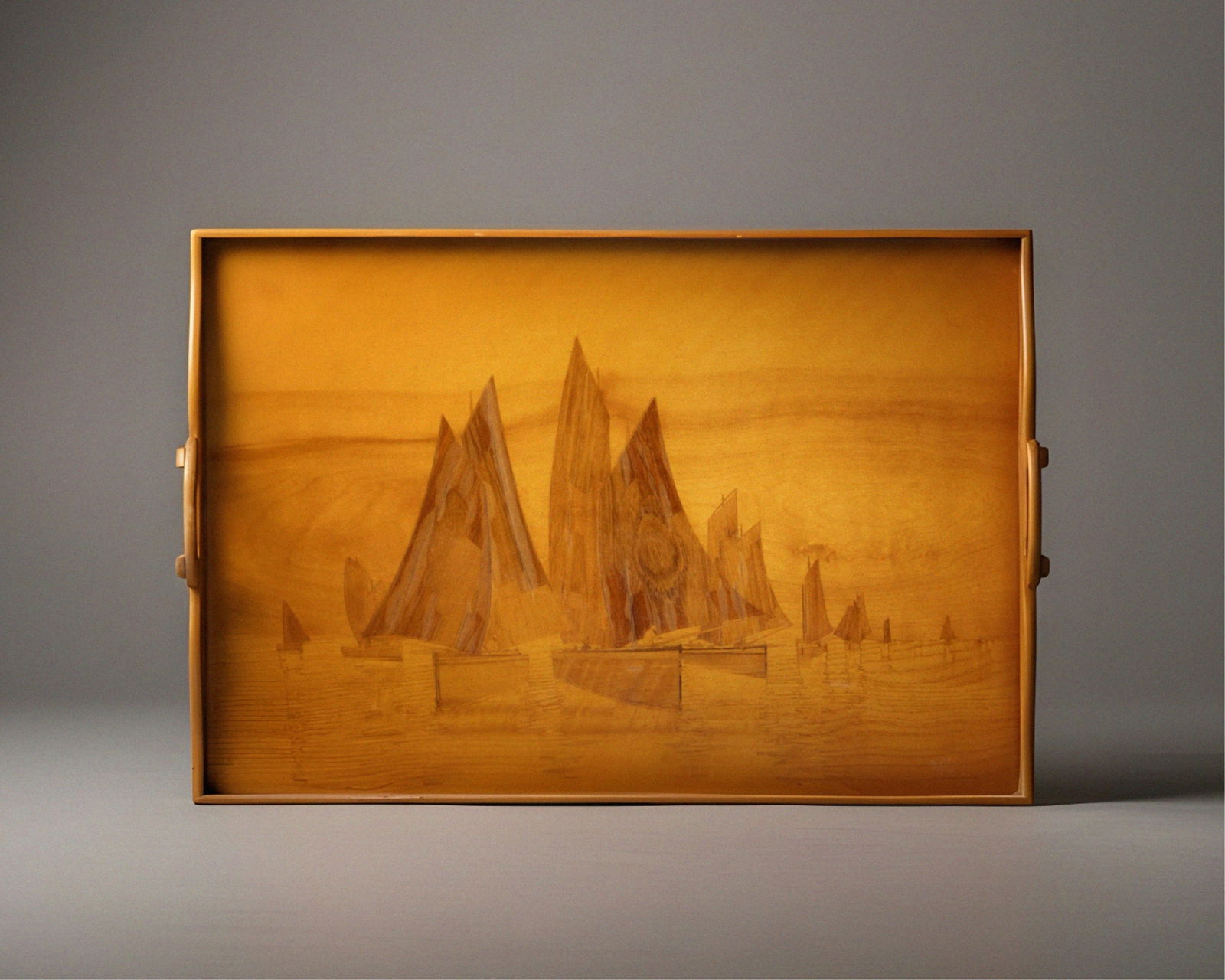 Emile Gallé, Blond Fruitwood Marquetry Tray with Sailboat Decor, Circa 1900: Keywords: Art Nouveau, Arts and Crafts Movement, Belle Epoque, French Decorative Arts, Jugendstil, Early 20th Century, Louis Majorelle style, Veneer, Marquetry inlay, Nautical motif, Landscape DesignS
