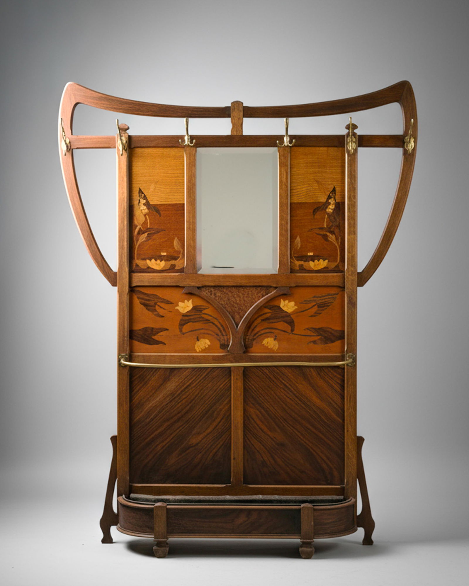 Soulavie Fils Art Nouveau (7 feet tall) Marquetry Inlaid Hall Rack, St. Étienne, Circa 1900: Keywords: No reserve, Art Nouveau, French Furniture, École de Nancy, Louis Majorelle style, Mirror, umbrella holder, Floral Marquetry, French Design circa 1900, Hall Stand, Curvilinear Form, Early 20