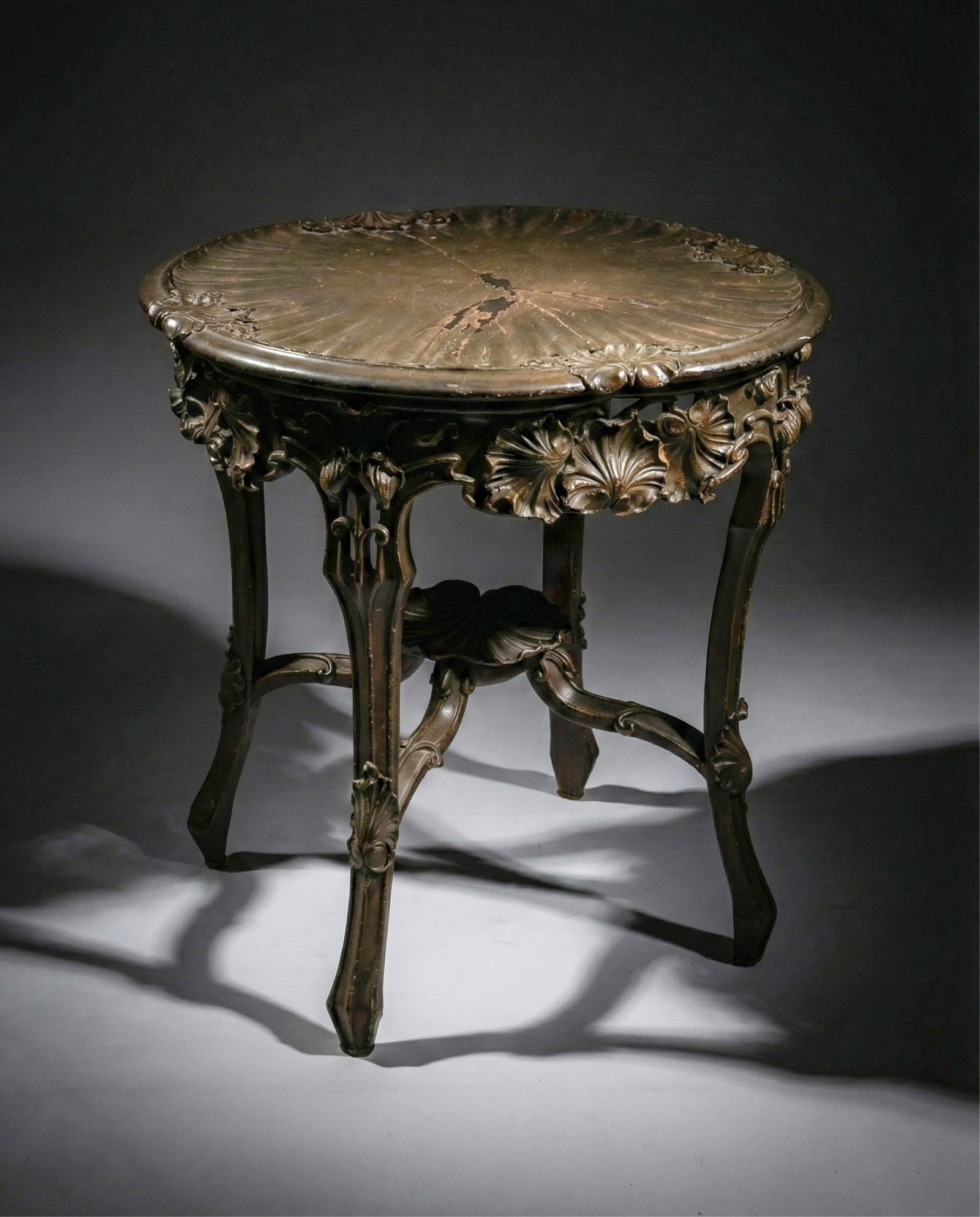 French Art Nouveau Fine Carved Fruitwood Center Table, c.1900: Keywords: French Art Nouveau, jugendstil, early 20th century, decorative arts, fine furniture, hand-carved hardwood, shell and foliate motifs, floral carving, French design, c.1900, salon tableSummary