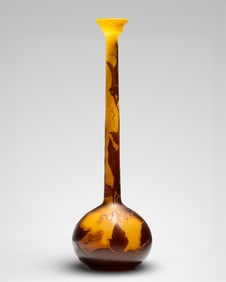 Galle Signed French Art Nouveau Cameo Glass Acid Etched Tall Vase, circa 1900