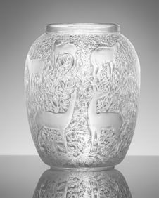 Lalique France Art Deco “Biches" Frosted Art Glass Vase, Signed