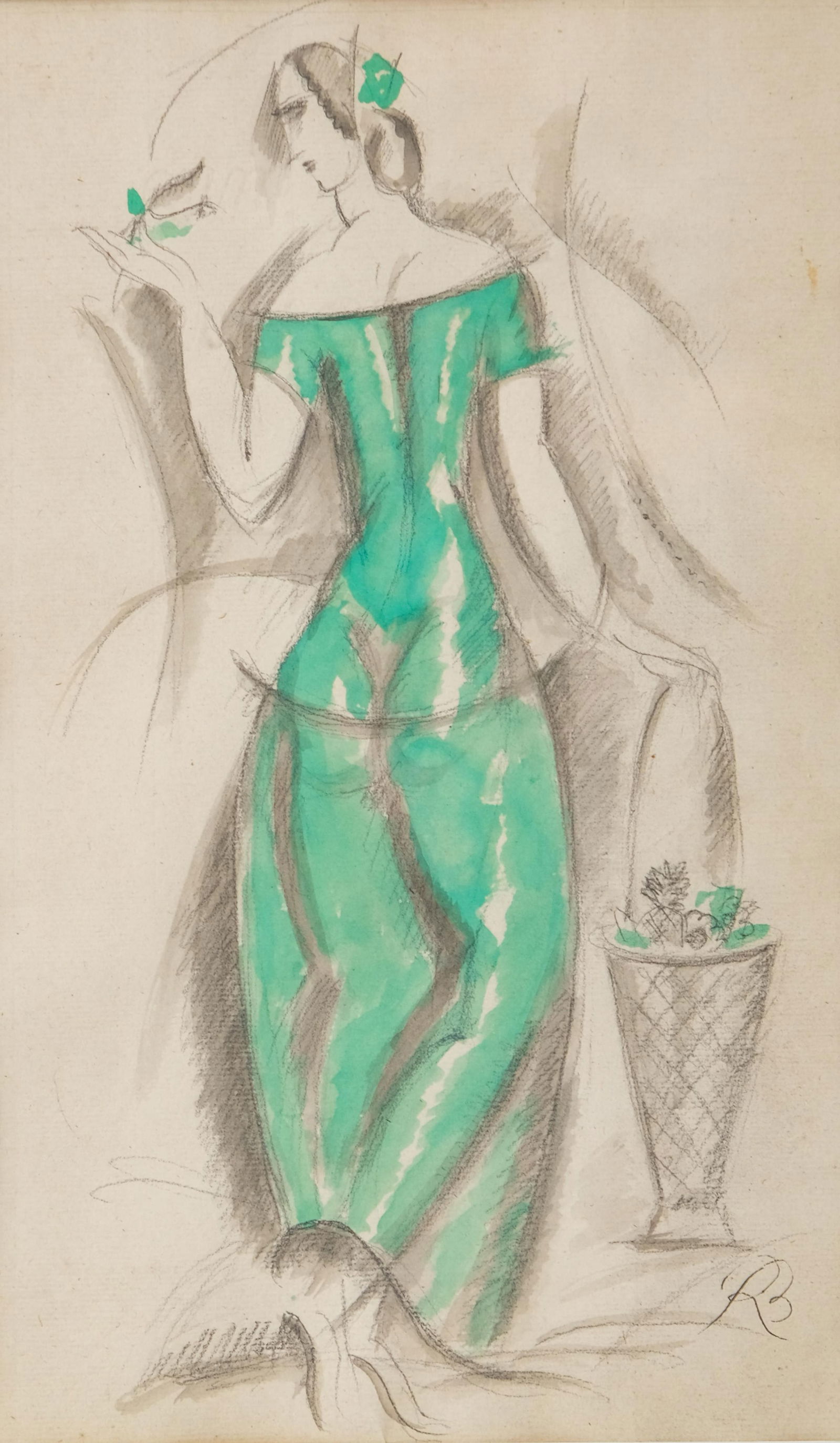 René Buthaud Art Deco Gouache & Pencil on Paper Painting, Signed, 1924: Keywords: Art, Painting, Gouache, Pencil, Paper, Rene Buthaud, Signed, Art Deco, Woman, Green dress, Decorative, Collectible, 20th century, Original artwork, Fine artSummary:Rene Buthaud, Art Deco Wom