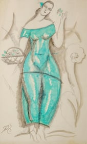 René Buthaud Art Deco Gouache & Pencil on Paper Painting, Signed