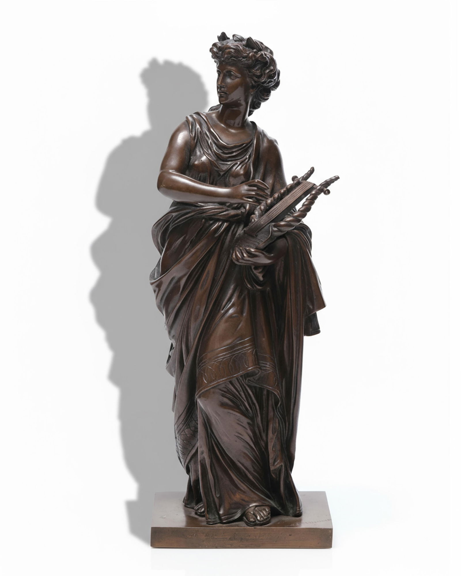 Mathurin Moreau Signed Antique Bronze Sculpture "Allegory of Music" 14" tall: Keywords: French Sculpture, Allegorical Figure, Musical Theme, Neoclassical Style Bronze Sculpture, Romanticism, Fine Art Sculpture, Classical Influence, Academic art tradition, Romantic period bronze