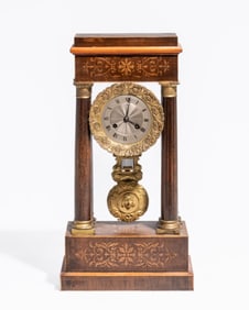 French Inlaid Portico Empire Style Mantle Clock, 19th Century