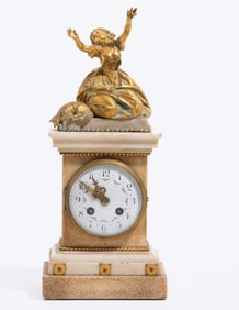 French Mantle Clock, White Marble and Gilded Bronze, 19th century