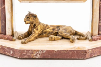 Onyx, Marble, and Bronze Art Deco Clock, 3 Piece Garniture with Panther c. 1925