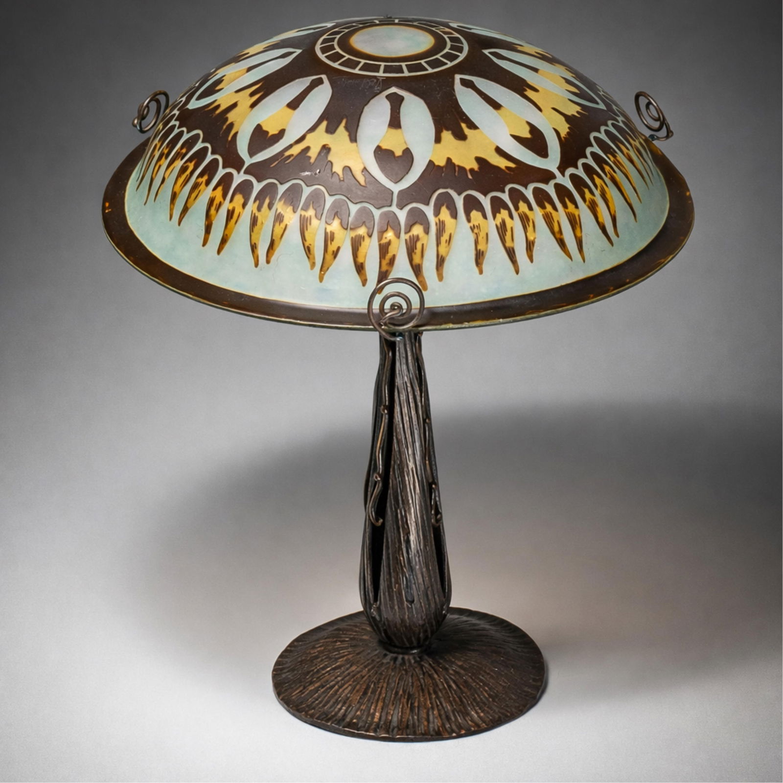 Charles Schneider, Art Nouveau Deco Table Lamp Signed Cameo Glass and Wrought Iron C. 1925: Keywords: Schneider France, Art Deco lighting, cameo glass lamp, French art glass , 1920s décor, wrought iron base, floral and geometric frieze, École de Nancy, signed Schneider, period lighting, Fr
