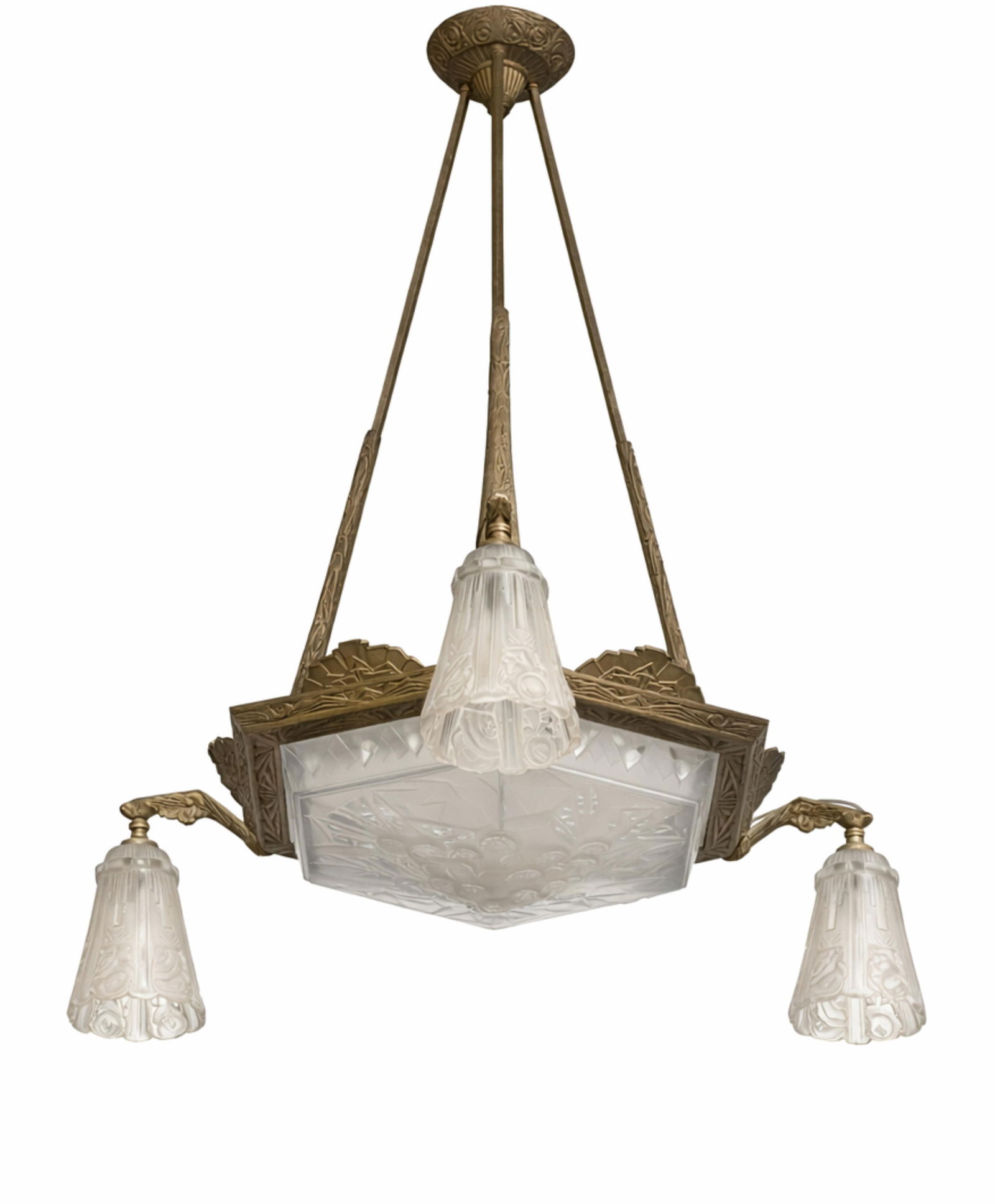 Signed Muller Freres Chandelier with 3 Tulip Shades (1 of 11)