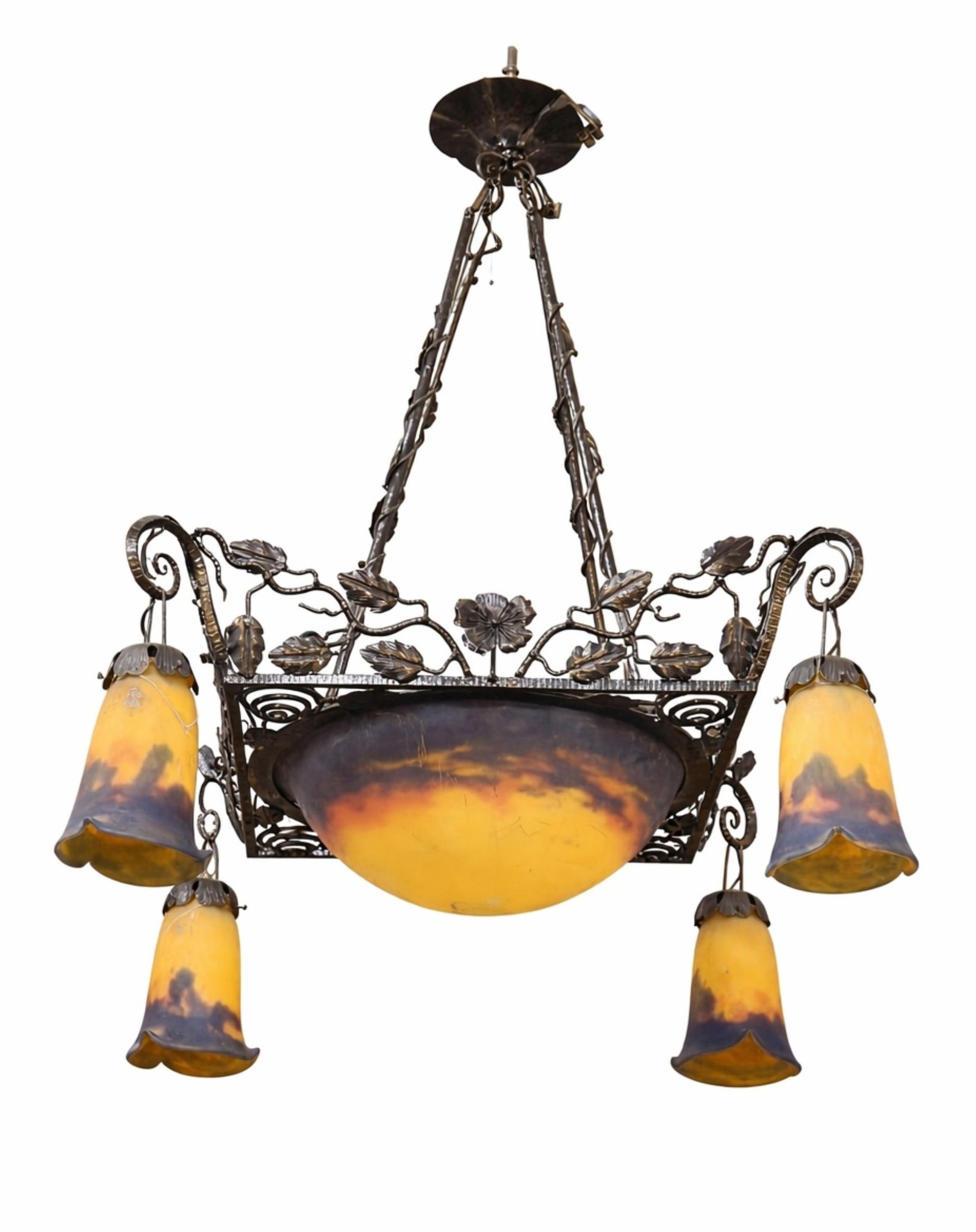 Muller Freres Signed Art Nouveau Deco Chandelier, Circa 1920: Keywords: Art Deco, art nouveau, hand-blown glass, wrought iron, French craftsmanship, early 20th century, glassmaking techniques, decorative lightingSummary:Signed Muller Freres Art Nouveau Period Ar