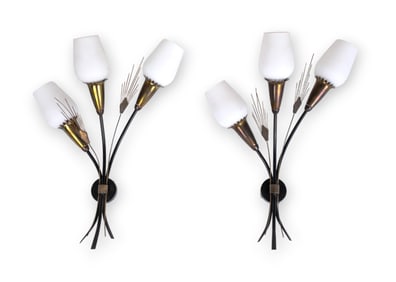 Pair of Mid-Century Modern Wall Lighting Brass and Milk Glass Sconces