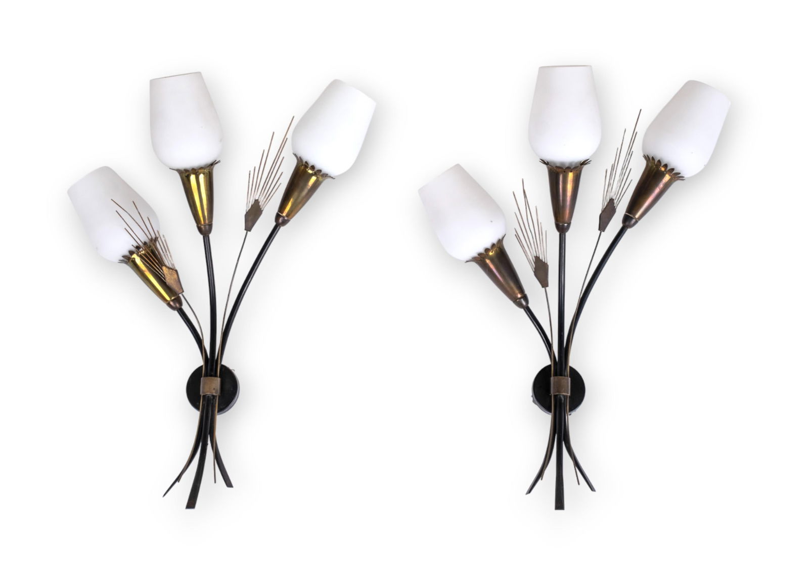 Pair of Mid-Century Modern Wall Lighting Brass and Milk Glass Sconces (1 of 4)