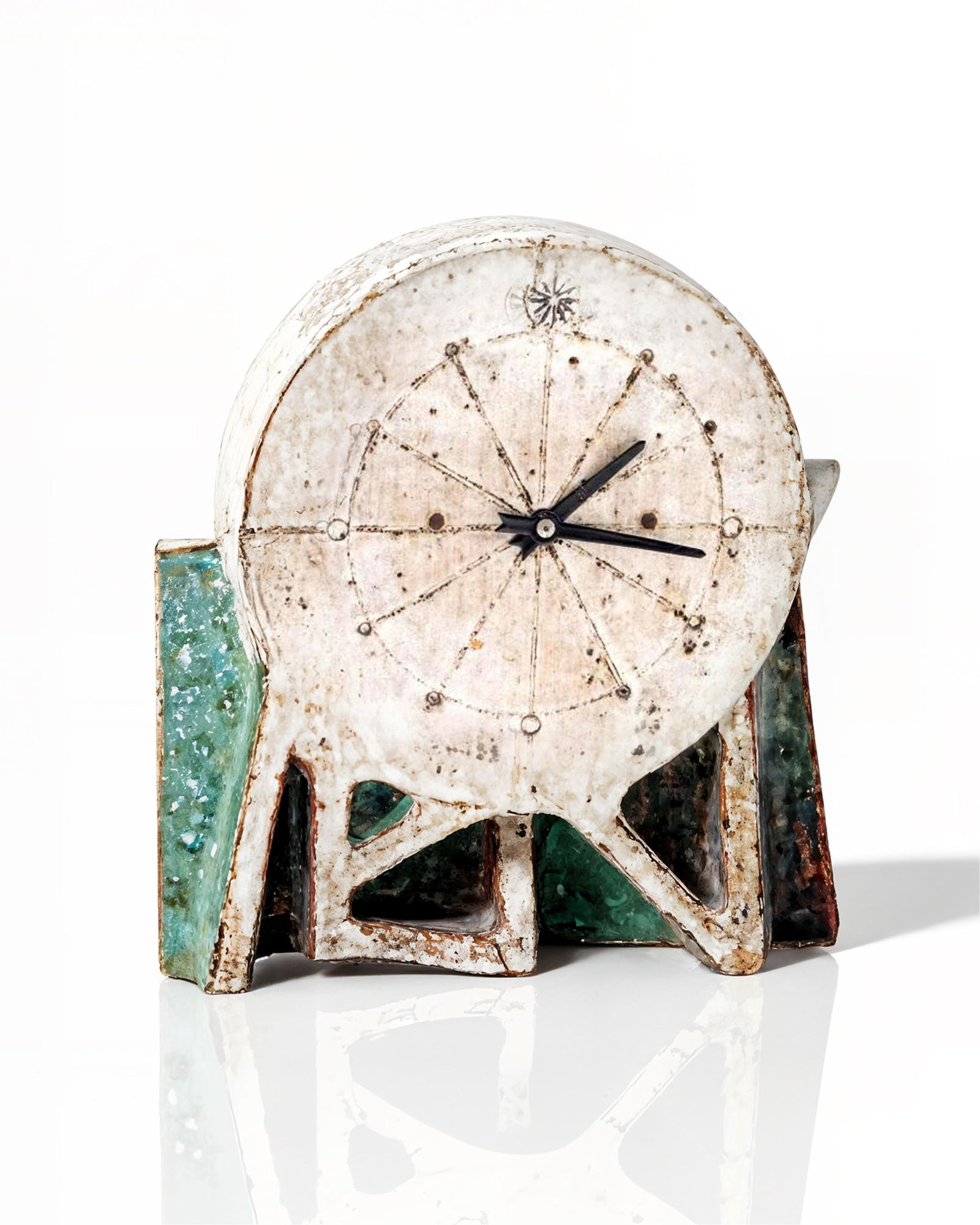 Jean Derval Signed Art Pottery Stoneware Clock, 1925-2010: Keywords: Cubism Influence, Mid-Century Modern, Brutalism, Abstract Expressionism, Post-War Art, Studio Pottery, 20th Century Craft, Stoneware, Ceramic, Mid-20th Century, Table Clock, Mantel ClockSumm