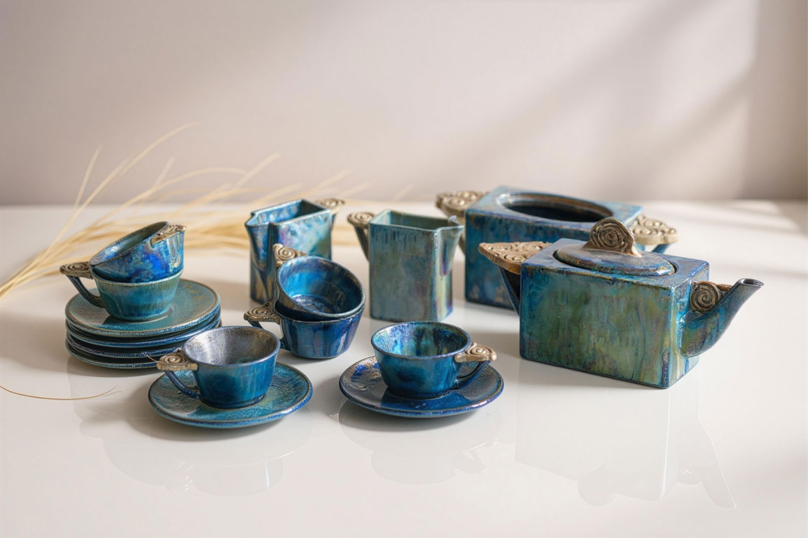 Leon Leyritz, Glazed Stoneware Art Pottery Tea Set, Signed: Keywords: Art Deco ceramics, French Modernist pottery, French studio ceramics, mid-century modern, modernist design, 20th century, vintage tableware, ceramic service, cups and saucers, sugar bowl, cre