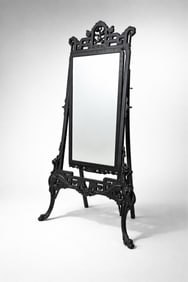 Ebonized Japonism Cheval 70" Mirror with Carved Ornamentation 19th Century