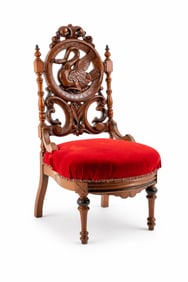 American Victorian Swan Carved Herter style Accent Chair, Walnut 19th Century